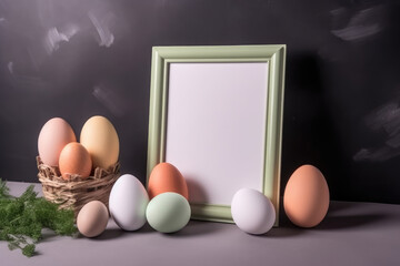 Blank vertical photo frame with colorful eggs for Easter day, Painted eggs around the blank frame mockup, generative AI