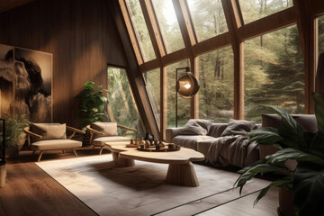 Interior design of a modern forest cabin lounge with unique lighting, elegant furniture, cozy sofas, big windows and lush exotic house plants, generative AI