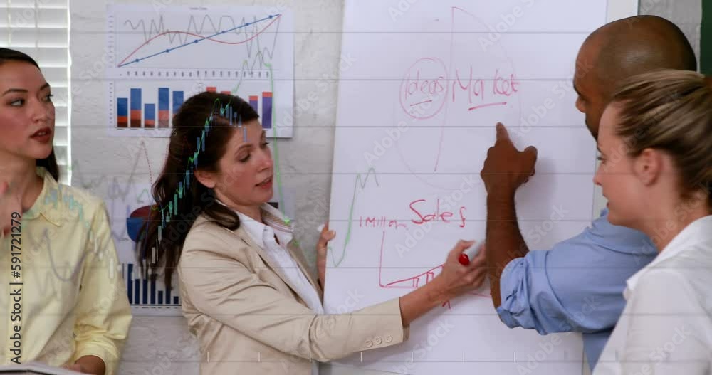 Poster animation of statistical data processing over diverse businesspeople discussing over white board