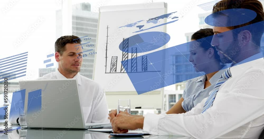 Aufkleber animation of statistical data processing over diverse businesspeople discussing at office