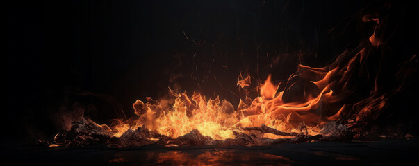 The warm glow of flames on a black background creates an abstract texture perfect for a fireplace or furnace themed design. AI Generative.