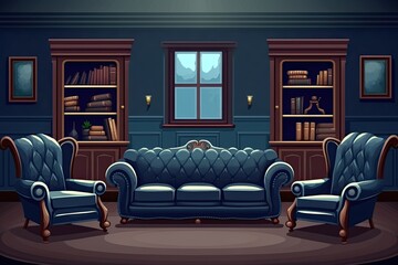  cozy and stylish living room with a comfortable couch, accent chair, and bookcase. Generative AI