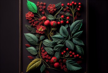 a red and green floral arrangement with leaves and berries on a black background with a black frame for the title of the book frarall paille pailles d'ornamens., generative ai