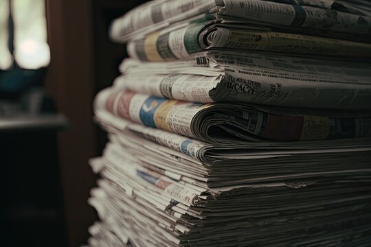 table stacked with newspapers and headlines. Generative AI