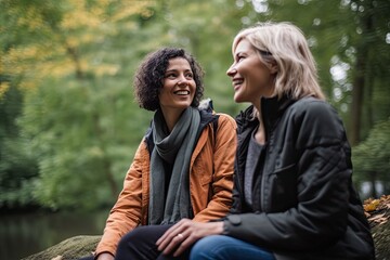Mature woman smiling at friend in forest. Photo generative AI