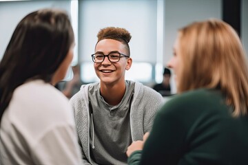 Teacher unrecognizable, teen smiles welcoming new student. Photo generative AI