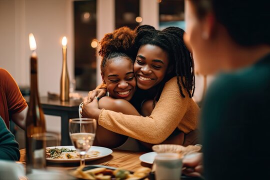 Two Friends Embracing at Dinner Party, Smiling African-American Women. Photo generative AI