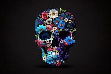 colorful skull decorated with flowers on top. Generative AI