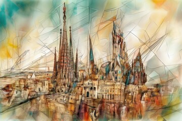 Fototapeta Barcelona abstrakcyjny kolorowy akrylowy obraz Generative AI obraz