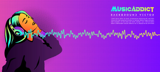 Neon Color young girl enjoy listening music using headset illustration background