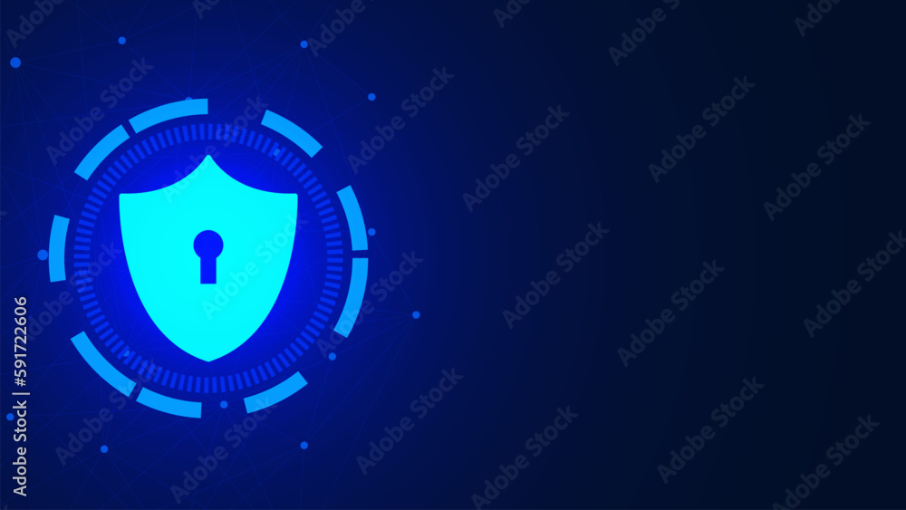 Poster cyber security shield lock for internet privacy, cyber protection and personal data security concept