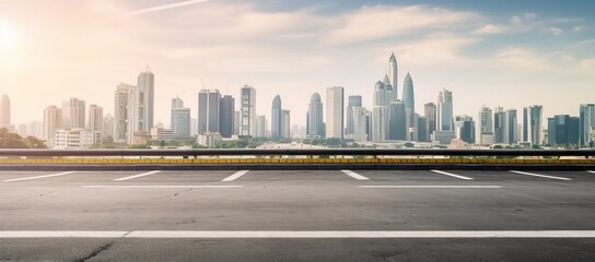 City skyline and buildings with empty asphalt road at sunrise