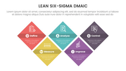dmaic lss lean six sigma infographic 5 point stage template with skewed shape rectangle symmetric balance concept for slide presentation