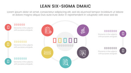 dmaic lss lean six sigma infographic 5 point stage template with big cirlce shape combination on center concept for slide presentation