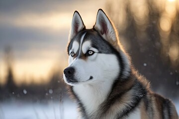 majestic husky dog in a snowy landscape. Generative AI