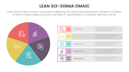 dmaic lss lean six sigma infographic 5 point stage template with pie chart big circle information concept for slide presentation