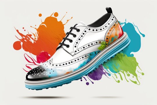 white shoes covered in colorful paint splatters, creating a unique and artistic design. Generative AI
