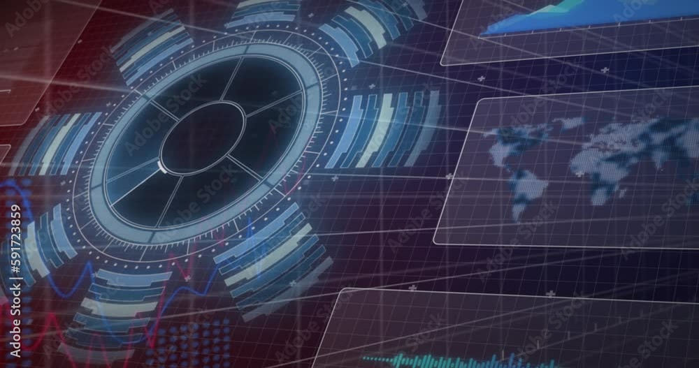 Poster animation of interface with round scanner and data processing against purple gradient background