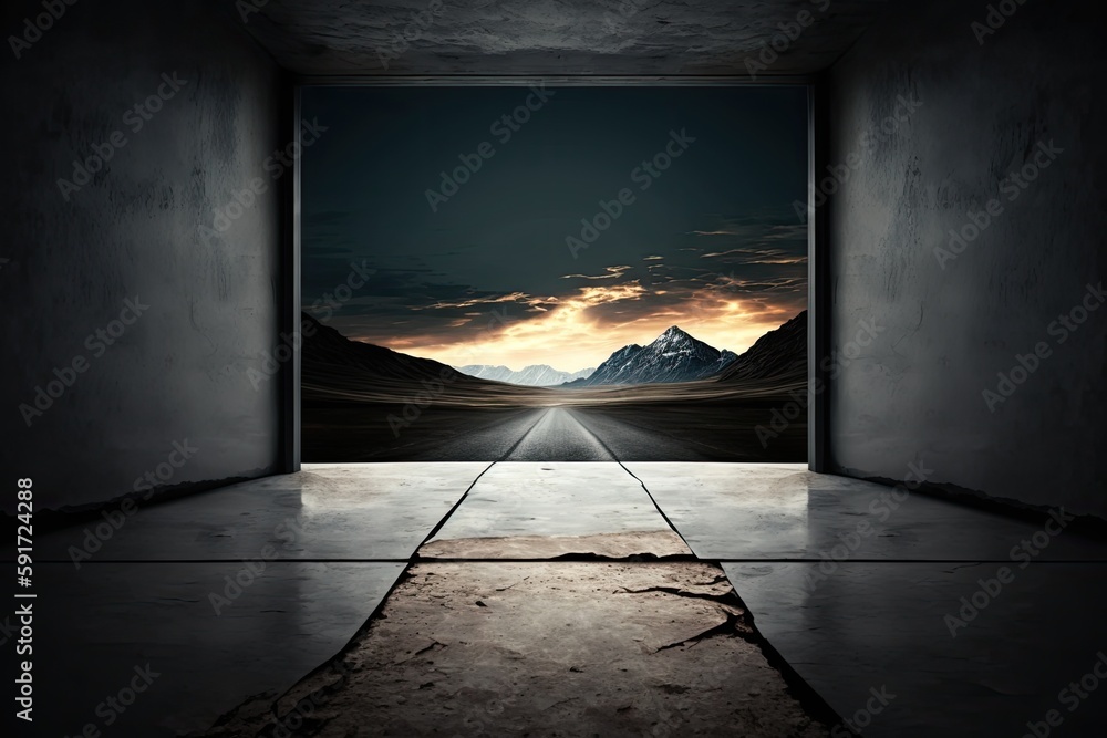 Poster n empty room with a breathtaking view of a majestic mountain range. generative ai