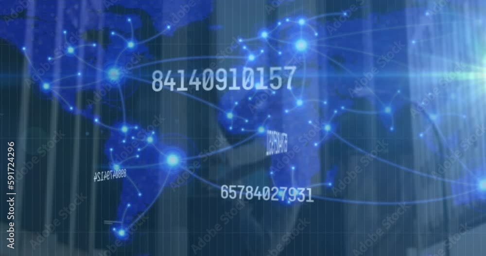 Poster animation of changing numbers and connected dots over map against dancer jumping in background