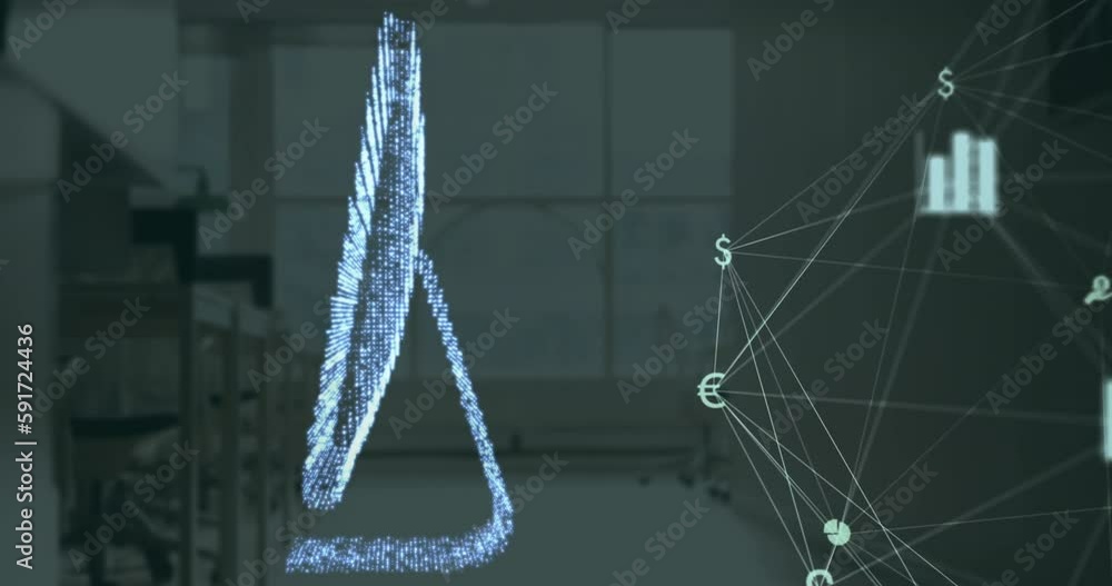 Poster animation of connected icons forming globe and dots forming monitor, empty office with glass window