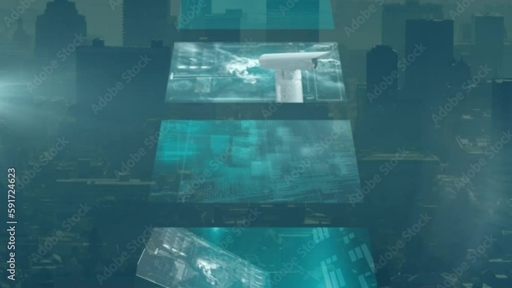 Poster animation of screens with data processing and light spot against aerial view of cityscape