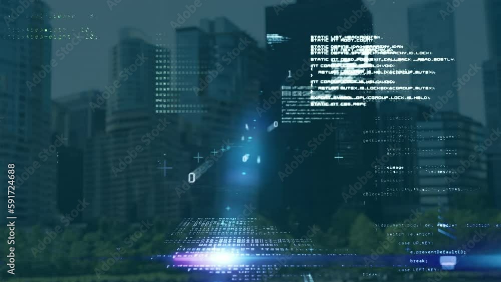 Aufkleber animation of data processing and light spot against aerial view of cityscape