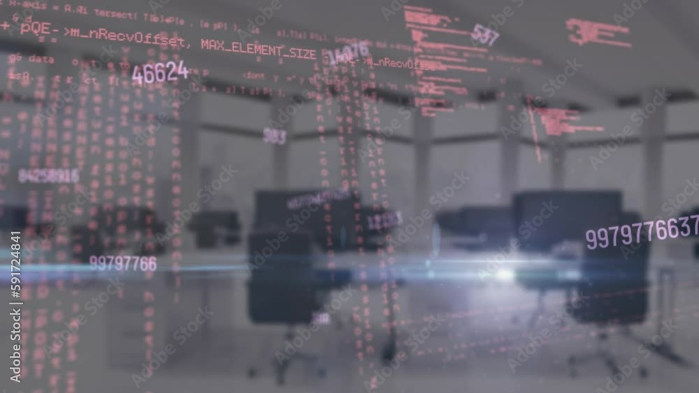 Poster animation of changing numbers, data processing and light spot against empty office