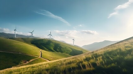 Power generating windmills on green hills. Renewable energy concept. Generative AI