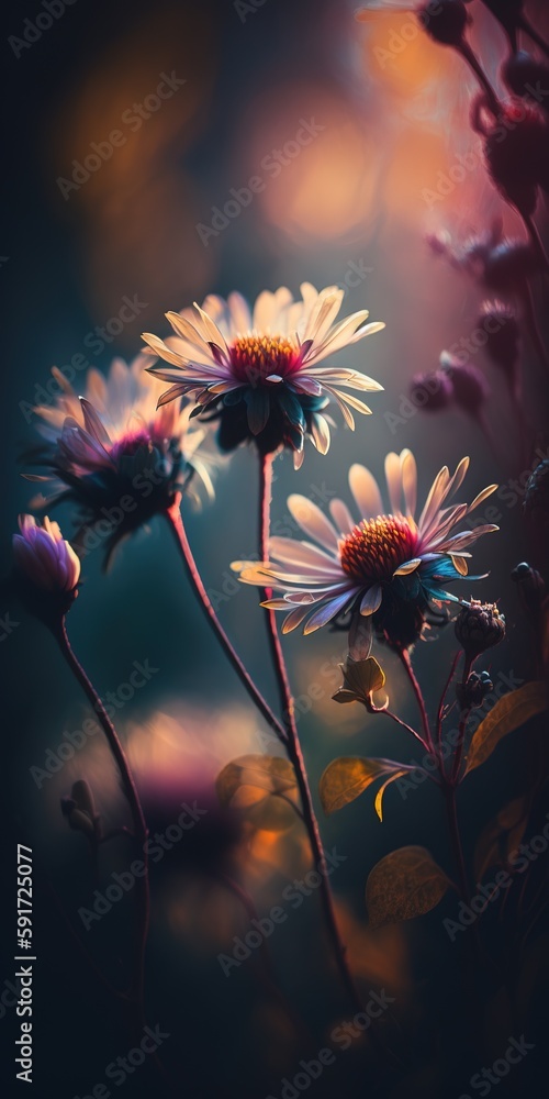Poster bokeh-effect flowers and greenery generative ai