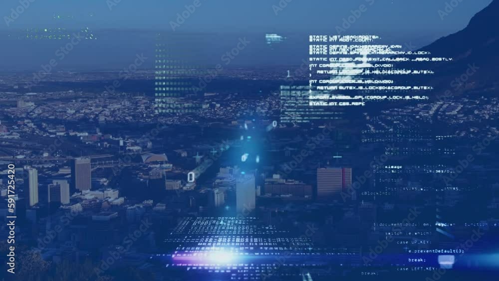 Aufkleber animation of data processing and light spot against aerial view of cityscape