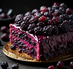 close-up shot of blackberry cake, isolated background. Generative AI