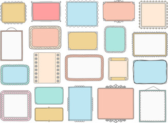 Set of colored hand drawn doodle frames, horizontal, vertical and square frames