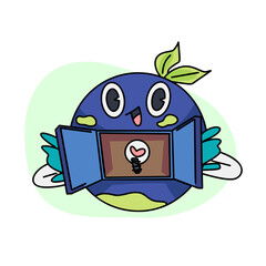 Vintage happy cute Earth planet character mascot is opening his chest and there is a light bulb with a heart. Vector illustration