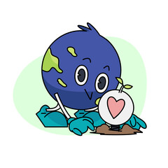 Vintage happy cute Earth planet character mascot is planting a bulb inside which is a heart symbol. Vector illustration