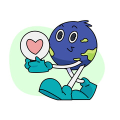 Vintage happy cute Earth planet character mascot is carrying a light bulb inside which is a heart symbol. Vector illustration