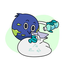 Vintage happy cute Earth planet character mascot is picking up trash and putting trash in recycle bin. Vector illustration