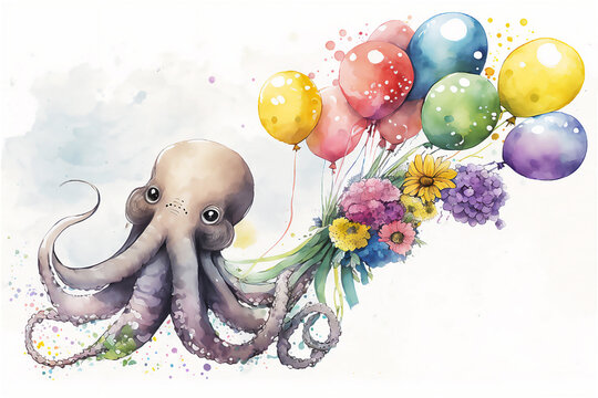 Happy Baby octopus with balloons. Happy Birthday. Holiday concept, watercolor illustration. Generative AI.
