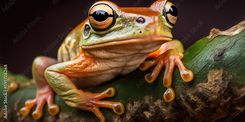Poster javan tree frog, a flying frog, with a close-up of its face on a branch. generative ai