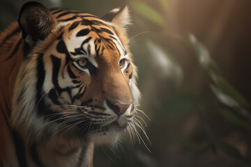 a close up of a bengal tiger's face in a forest. Created with Generative AI Technology	
