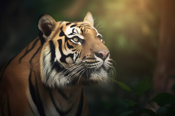 Fototapeta premium a close up of a bengal tiger's face in a forest. Created with Generative AI Technology 