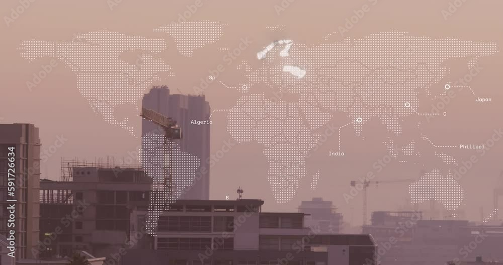 Poster animation of illuminated map with countries name over modern buildings against sky
