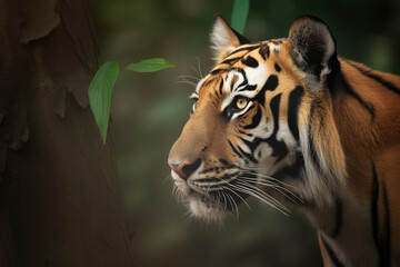 a close up of a bengal tiger's face in a forest. Created with Generative AI Technology	
