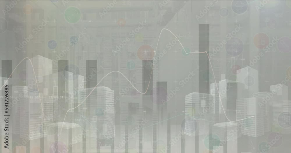 Poster animation of statistical data processing against network of digital icons and 3d city model