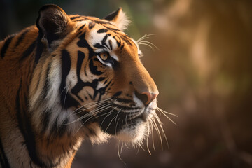 a close up of a bengal tiger's face in a forest. Created with Generative AI Technology	
