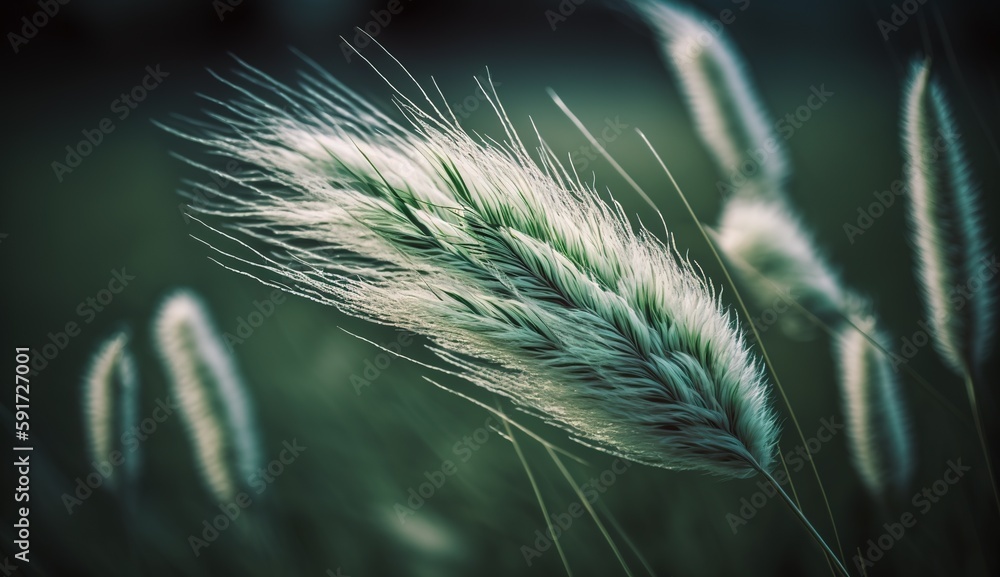 Poster super closeup of soft spikelets on a green backdrop. generative ai