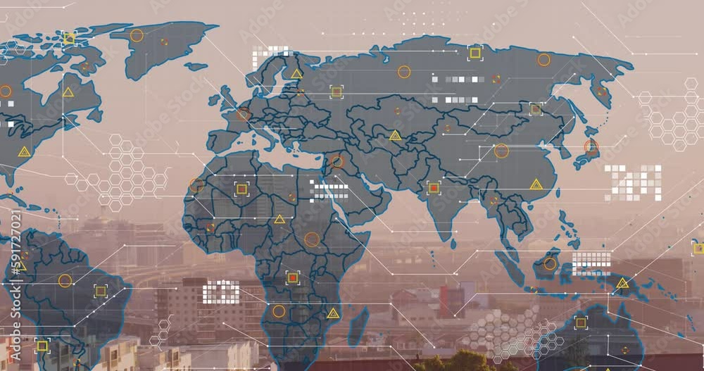 Poster Animation of world map and data processing against aerial view of cityscape