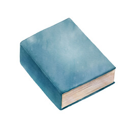Blue closed book. Hand drawn literature for reading and study. Watercolor illustration isolated on white.