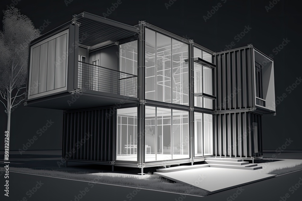 Poster modern building constructed from shipping containers in black and white. Generative AI