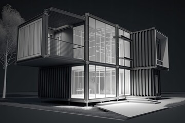 modern building constructed from shipping containers in black and white. Generative AI